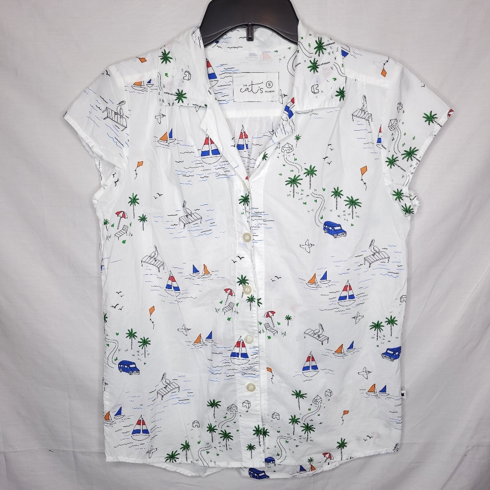THE CAT'S PAJAMAS Women's White Luxury Beach Print Button Up Pajama Top SMALL